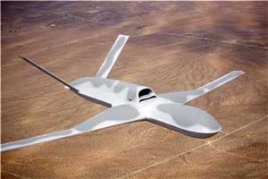 High-angled front right side view of the General Atomics Avenger UAV in flight