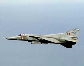 Left side view of an Indian Air Force Mikoyan-Gurevich MiG-27 Flogger fighter; color