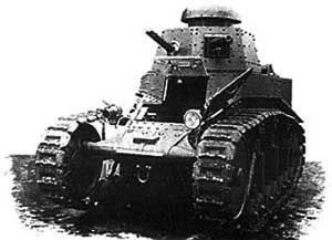 Front left side view of the T-18 light tank; note offset angled turret armament and open drivers compartment