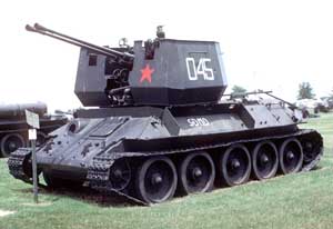 Front left side view of the Chinese NORINCO Type 63 self-propelled anti-aircraft artillery vehicle on display; Aberdeen Proving Grounds