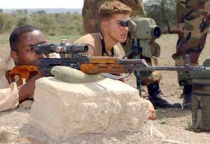 An Ethiopian soldier takes careful aim with his PSL Rifle